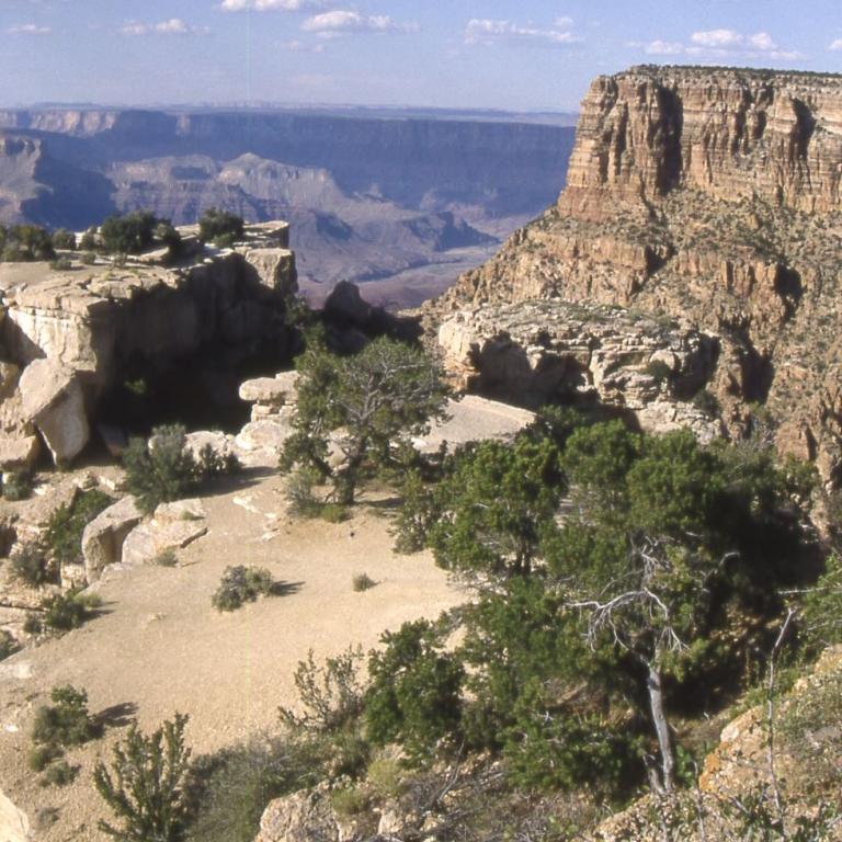 Panoramaaufnahme eines weiten Canyons mit geschichteten Felswänden, steilen Klippen und buschiger Vegetation im Vordergrund.