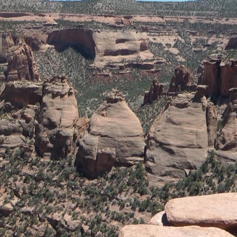 Eine weite Landschaft mit sandsteinfarbenen Felsformationen und dichten Büschen