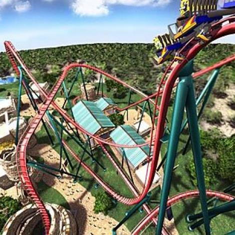 Eine große und komplexe Stahl-Rollercoaster-Strecke in einem Freizeitpark.