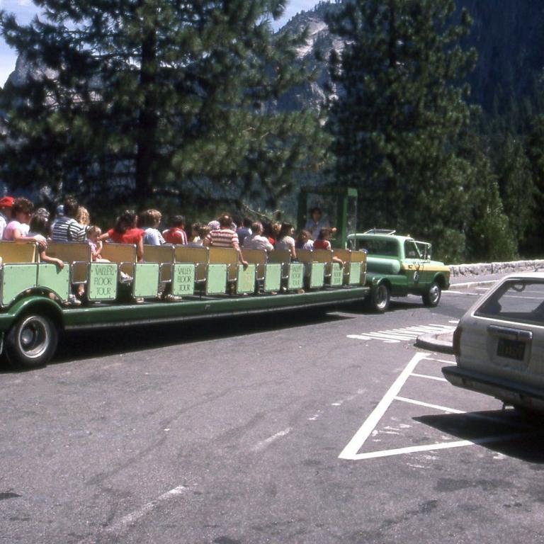 Eine Gruppe von Menschen sitzt in einem grünen Touristenbus vor einer Kulisse aus großen Bergen.