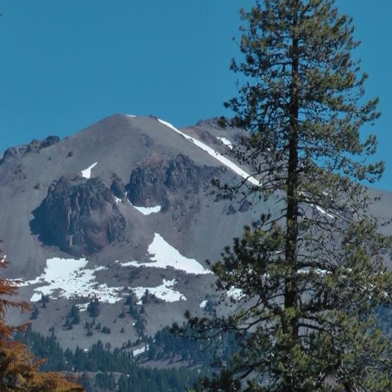 Blick auf einen felsigen Berggipfel mit Schneeresten unter blauem Himmel, eingerahmt von Nadelbäumen.