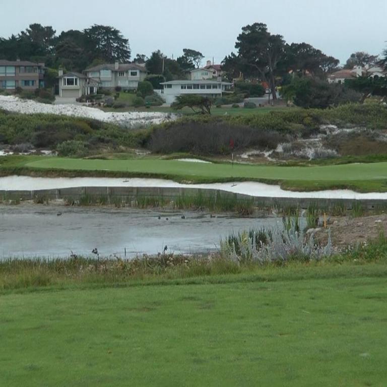 Weitwinkelaufnahme eines Golfplatzes mit einem Wasserhindernis und Blick auf Wohnhäuser im Hintergrund.