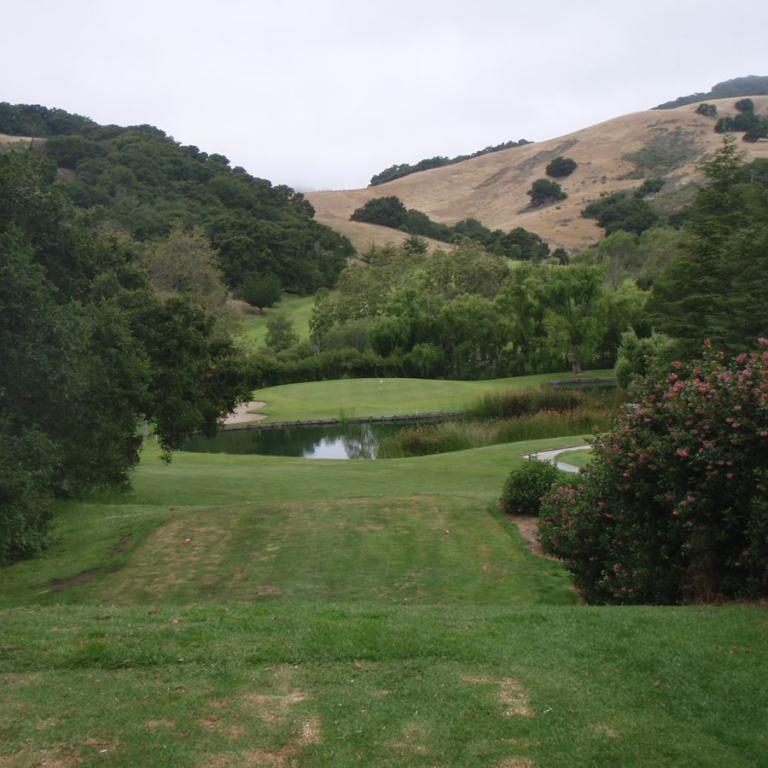 Ein Blick auf einen Golfplatz, der zu einem Teich führt und von bewaldeten, sanften Hügeln umgeben ist.