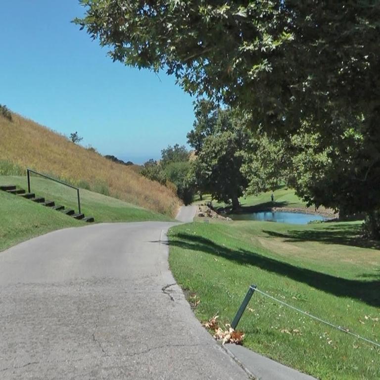 Ein gewundener, gepflasterter Weg führt durch einen Park, flankiert von einem steilen, grünen Hang auf der linken Seite und einem großen, schattenspen