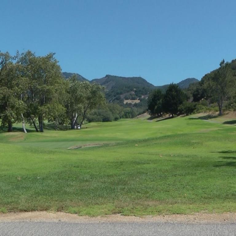 Panoramaansicht eines Golfplatzes mit Bäumen und hügeligem Hintergrund