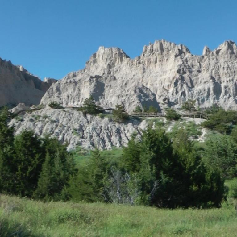 Gebirgskette unter blauem Himmel mit bewaldetem Vordergrund