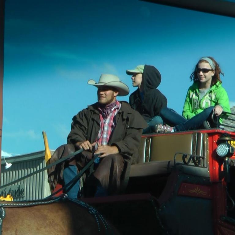 Drei Personen reiten in einem Karren, gezogen von einem Zug, unter einem blauen Himmel.