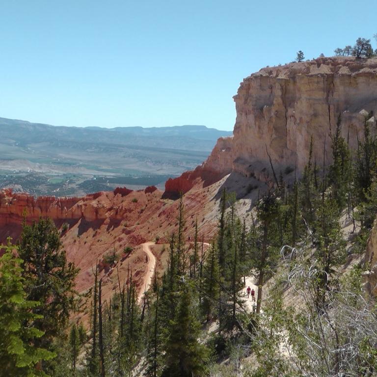 Panoramablick auf einen Canyon mit steilen, erodierten Felswänden und dichter Vegetation im Vordergrund.