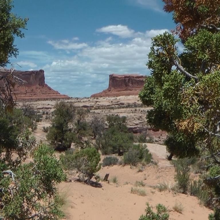 Weite Landschaftsaufnahme von Mesa-Felsformationen unter einem blauen Himmel mit Wolken