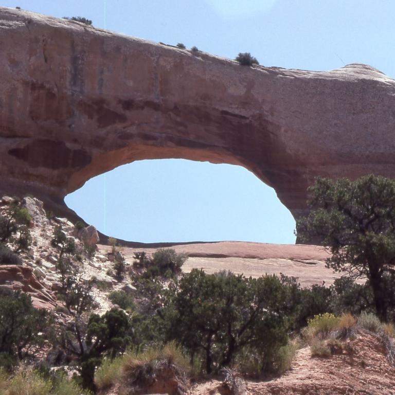 Ein großer, ockerfarbener Felsbogen über einer trockenen Wüstenlandschaft.