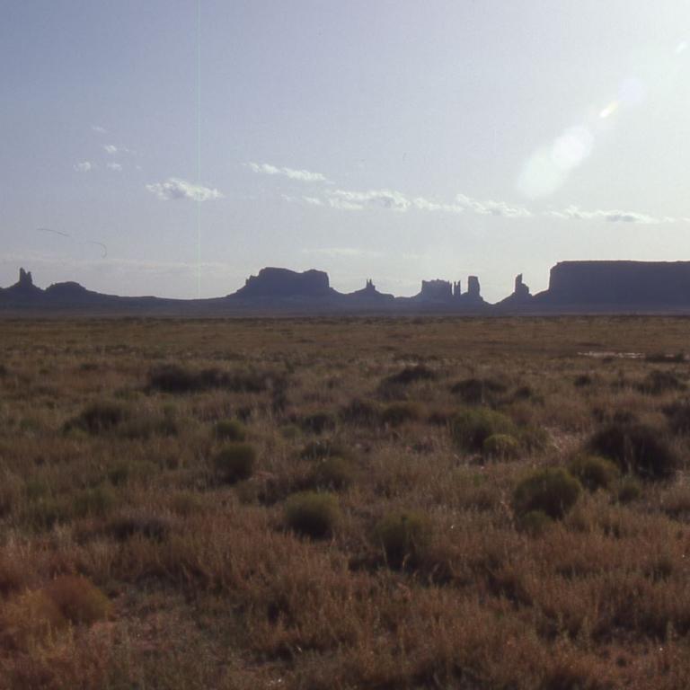 Eine weite Savannenlandschaft mit Felsformationen am Horizont unter blauem Himmel.